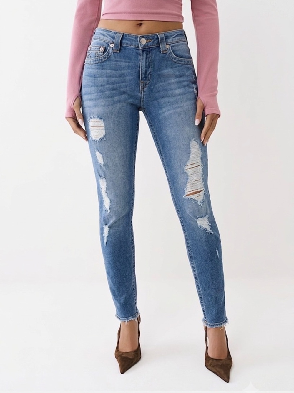 True Religion Curvy Skinny Mid Rise Distressed Jeans Size 29 Medium Blue Wash